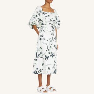 TANYA TAYLOR Alora Floral White Puff Sleeve Midi Dress SIZE 6 $545